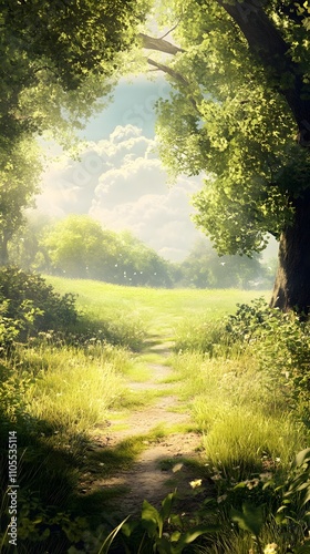 18. A serene landscape with a path through a grassy field, leading to an open space for text