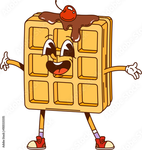 Cartoon Belgian waffle with chocolate topping groovy fast food character. Isolated vector wafer with a dripping and cherry berry. Cute fresh appetizer retro personage, funky pastry hippie y2k snack