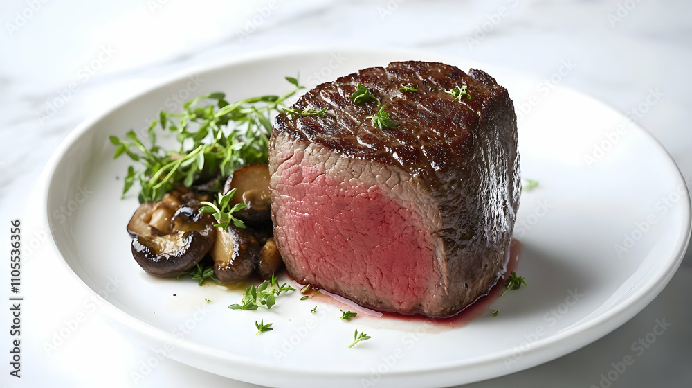 Delicate Pan-Seared Japanese A5 Wagyu Beef Tenderloin with Black Garlic Puree, Roasted Bone Marrow and Wild Mushroom Fricassee, Professional Fine Dining Photography