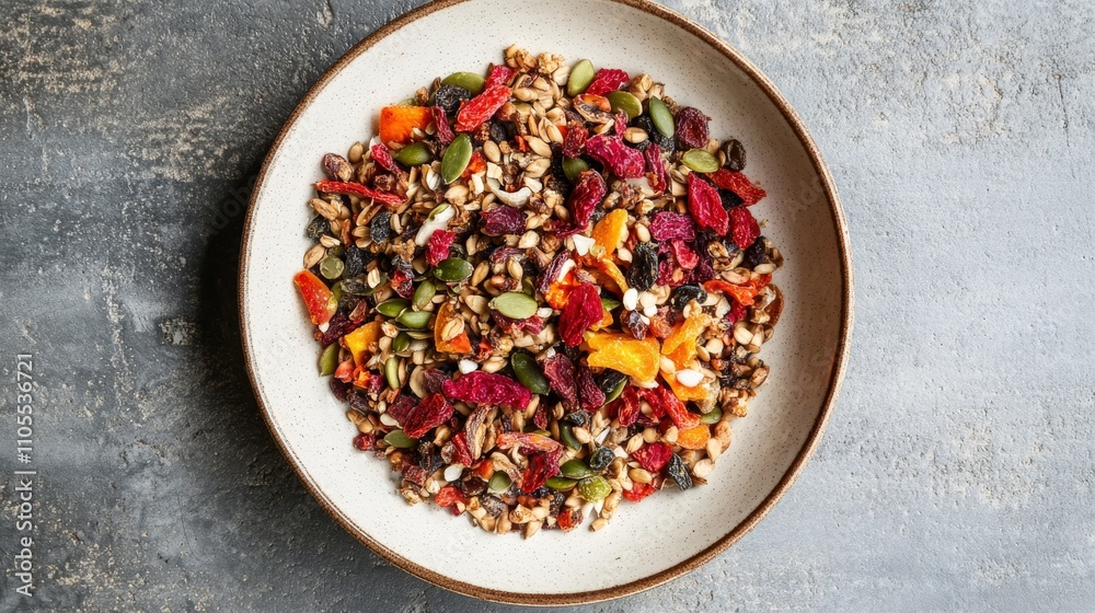 vibrant mix of dried fruits and seeds artistically arranged on plate, showcasing colorful and healthy snack option. variety includes nuts, berries, and seeds vibrant mix of dried fruits and seeds artistically arranged on plate, showcasing colorful and healthy snack option. variety includes nuts, berries, and seeds