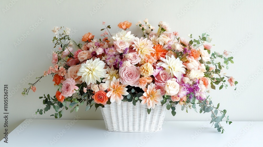 Beautifully Arranged Colorful Flower Bouquet in a White Basket with Fresh Roses, Dahlias, Eucalyptus, and Delicate Blooms Perfect for Any Celebration or Event Decor Beautifully Arranged Colorful Flower Bouquet in a White Basket with Fresh Roses, Dahlias, Eucalyptus, and Delicate Blooms Perfect for Any Celebration or Event Decor