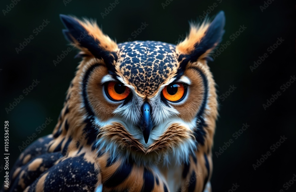 Close up portrait of owl. Sharp focus on detailed feathers and intense orange eyes. Wild animal portrait. Nature wildlife photo. Majestic owl stare. Amazing bird photo. Sharp details of plumage. Close up portrait of owl. Sharp focus on detailed feathers and intense orange eyes. Wild animal portrait. Nature wildlife photo. Majestic owl stare. Amazing bird photo. Sharp details of plumage.