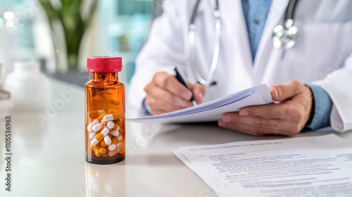 A prescription bottle on a counter, with a pharmacist in a white coat reviewing paperwork in the blurred background, medical focus