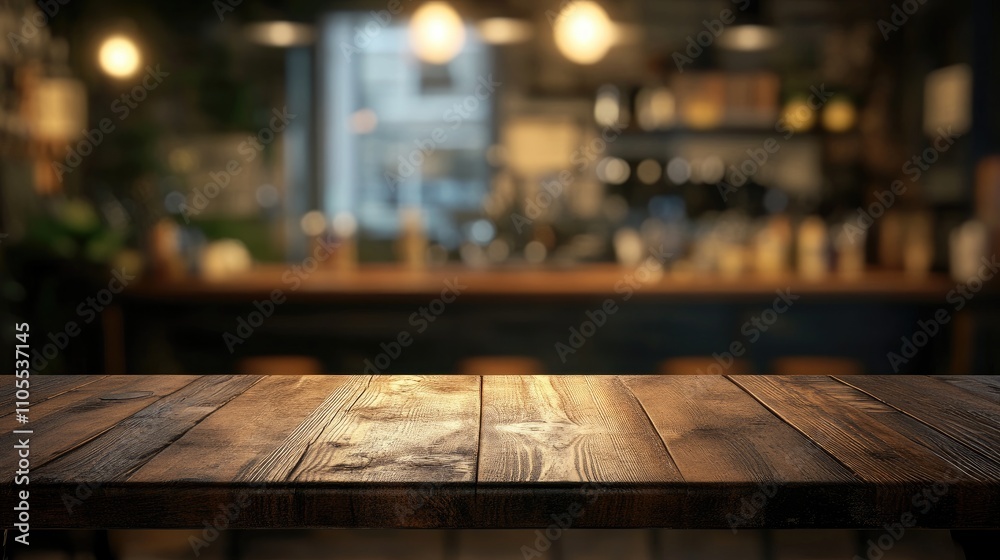 Cozy wooden table foreground with blurred bar setting in the background, creating an inviting atmosphere.
