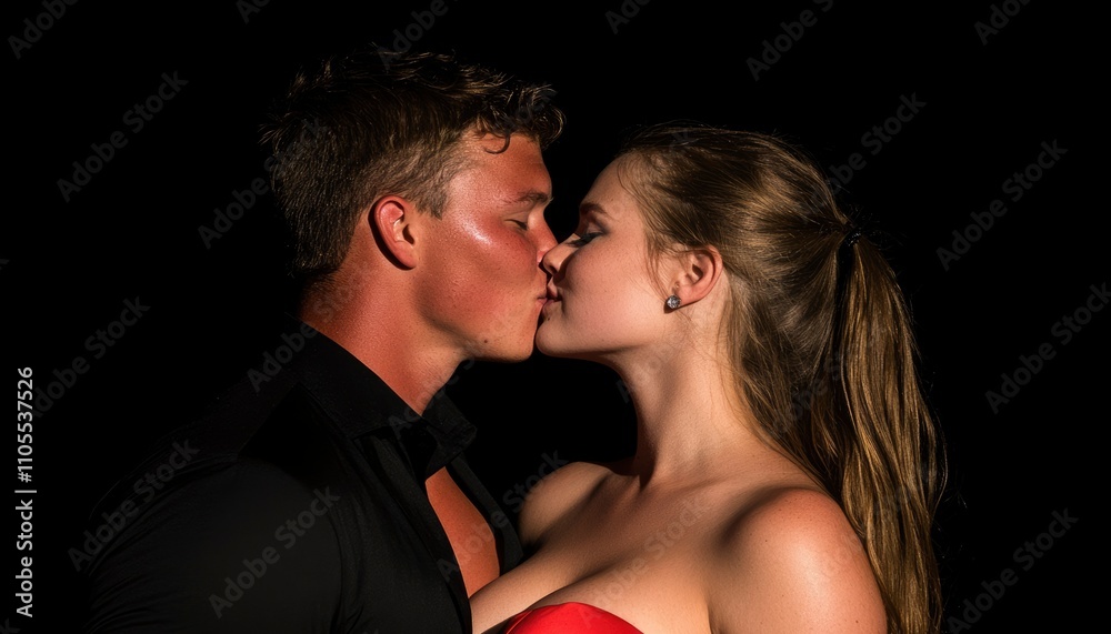 Young Couple Sharing A Passionate Kiss In Darkness Young Couple Sharing A Passionate Kiss In Darkness