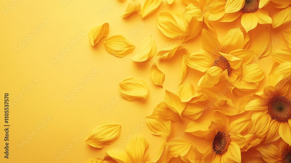 Obraz premium Sun-kissed sunflower petals scattered on a soft yellow backdrop, highlighting summer vibes with warm tones and copy space