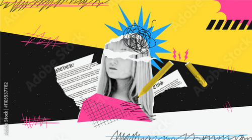 Collage in a halftone pop art style with newspaper elements and a female portrait. Template and poster design for emotional support. Vector.