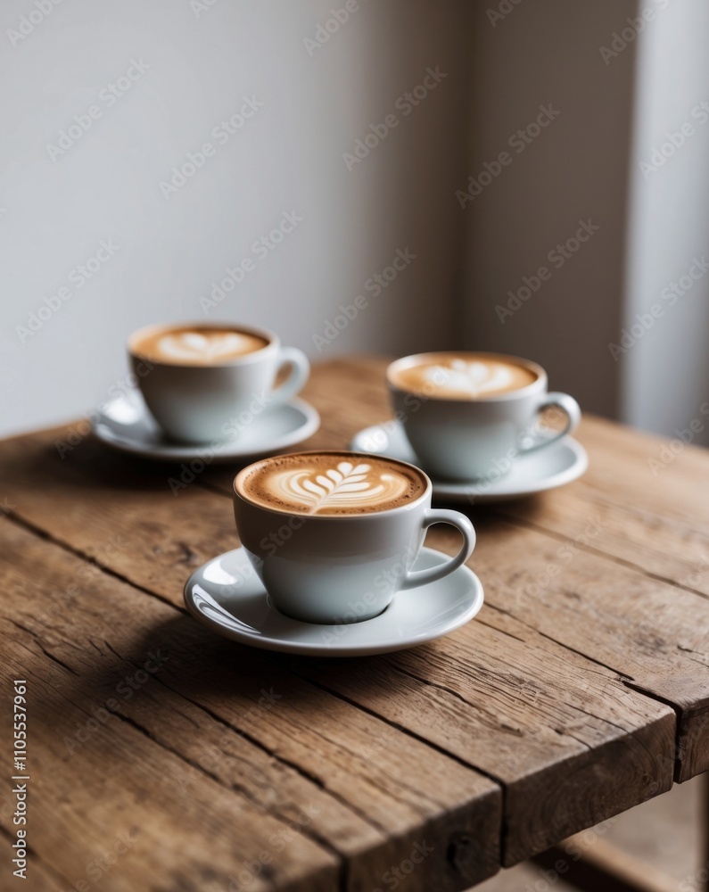 Obraz premium Delicious Coffee Drinks on Rustic Wooden Table.