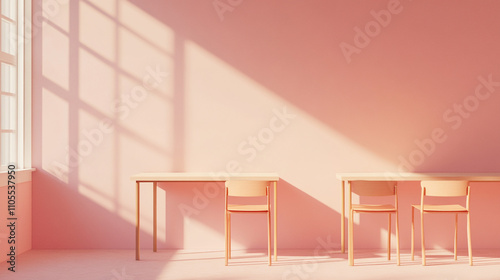 Modern minimalist interior with pink walls and wooden furniture in bright sunlight