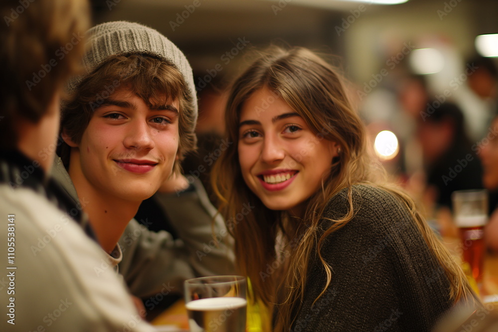 Two young adults sit closely together at a table, smiling happily while enjoying drinks amid a bustling atmosphere filled with friends and lively conversation in the evening Two young adults sit closely together at a table, smiling happily while enjoying drinks amid a bustling atmosphere filled with friends and lively conversation in the evening