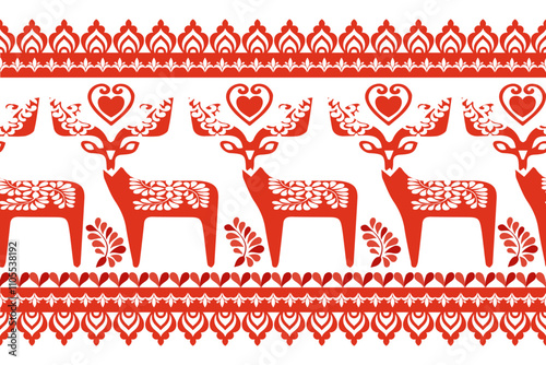 Elegant Christmas folk art design with decorative reindeer, hearts, and ornamental elements in red and white. Ideal for seasonal crafts, cards, and textile prints.
