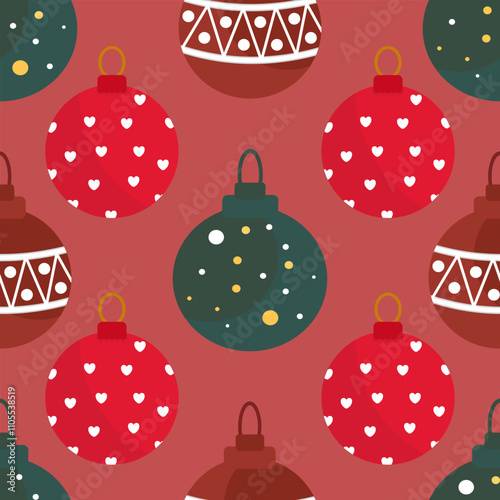 Festive seamless pattern featuring Christmas ornaments with hearts, dots, and geometric designs on a red background. Perfect for holiday crafts, gift wraps, and decorations.