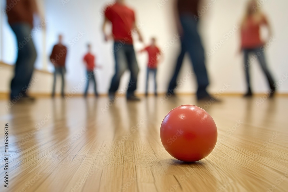 Fototapeta premium Red Ball In Front Of Blurred People Exercising