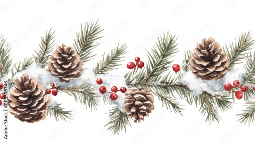 Snowdusted fir branch holiday border with red berries and pine cones Snowdusted fir branch holiday border with red berries and pine cones