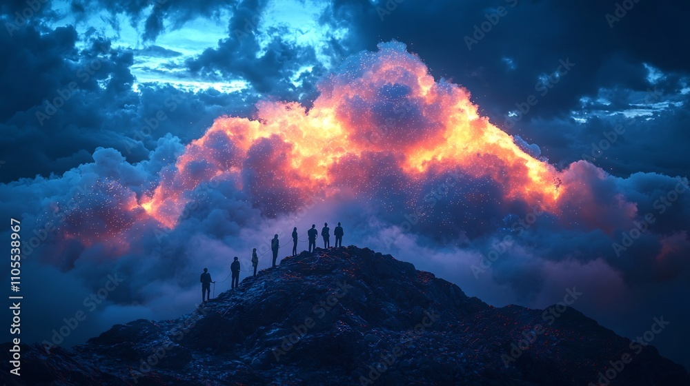 Climbers Reaching the Peak of Cloud Technology in Dramatic Mountain Landscape Climbers Reaching the Peak of Cloud Technology in Dramatic Mountain Landscape