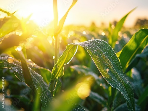 Dew covered corn leaves glisten in warm sunrise, capturing essence of fresh morning in vibrant field photo