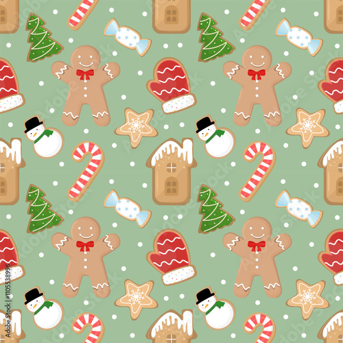 Festive seamless pattern featuring gingerbread cookies, snowmen, candy canes, and Christmas trees on a green background. Perfect for holiday crafts and wrapping paper.
