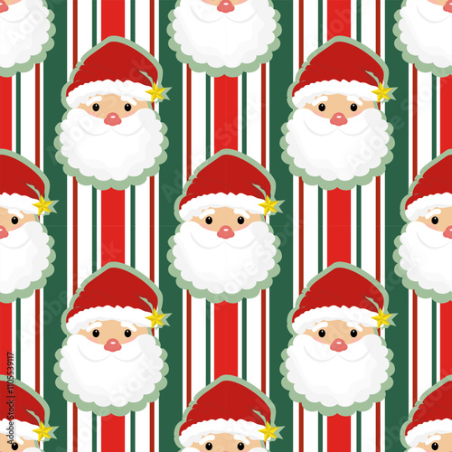 Playful Christmas seamless pattern featuring Santa Claus faces on red, green, and white striped backgrounds. Perfect for gift wrap, crafts, and festive decorations.