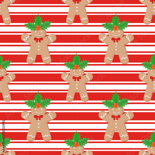 Playful Christmas seamless pattern with gingerbread cookies, holly leaves, and red stripes. Ideal for festive decorations, gift wraps, and seasonal crafts.