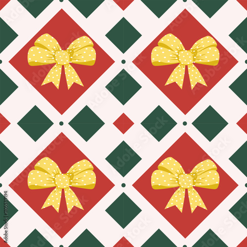  Elegant Christmas seamless pattern featuring yellow bows on red and green diamond backgrounds. Ideal for seasonal decorations, crafts, and festive textiles.