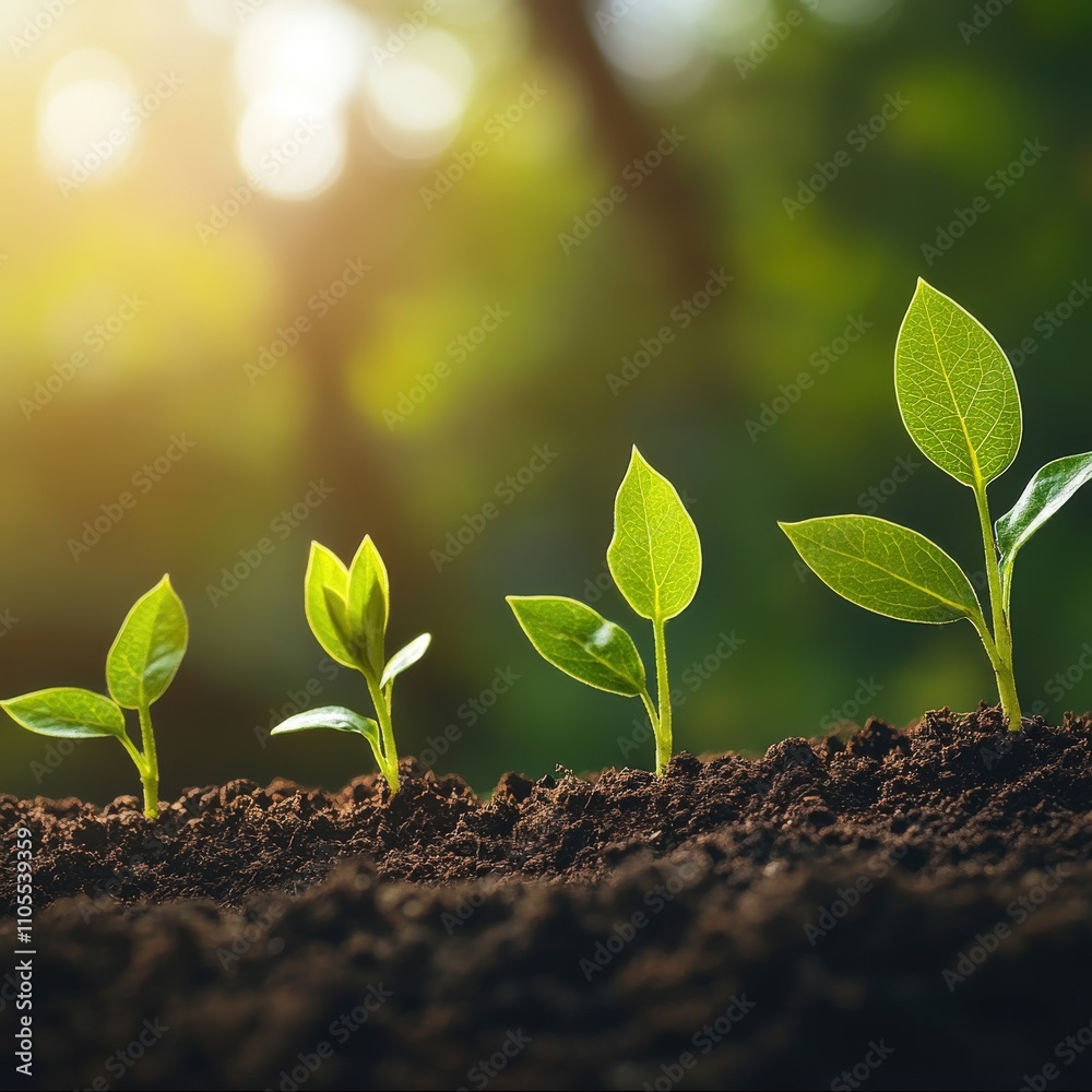 Young plants sprouting from nutrient rich soil under warm sunlight, symbolizing growth and renewal. vibrant green leaves stand out against rich, dark earth, creating serene scene Young plants sprouting from nutrient rich soil under warm sunlight, symbolizing growth and renewal. vibrant green leaves stand out against rich, dark earth, creating serene scene