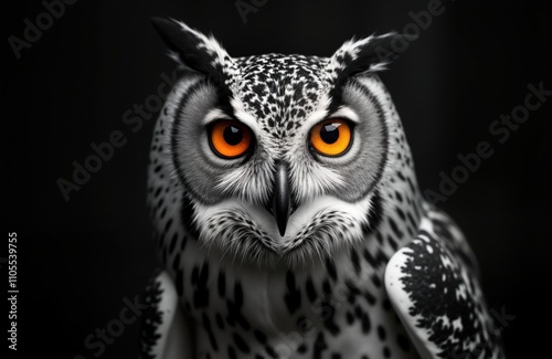 Close-up portrait of owl. Sharp focus on detailed features. Black and white patterns on feathered body. Bright orange eyes. Dark background highlights owl. Expert lighting creates dramatic effect.