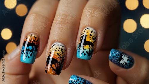 Hands with colorful gradient nail art featuring black animal silhouettes and nature-inspired patterns. Close-up photography for creative nail design and beauty concepts photo