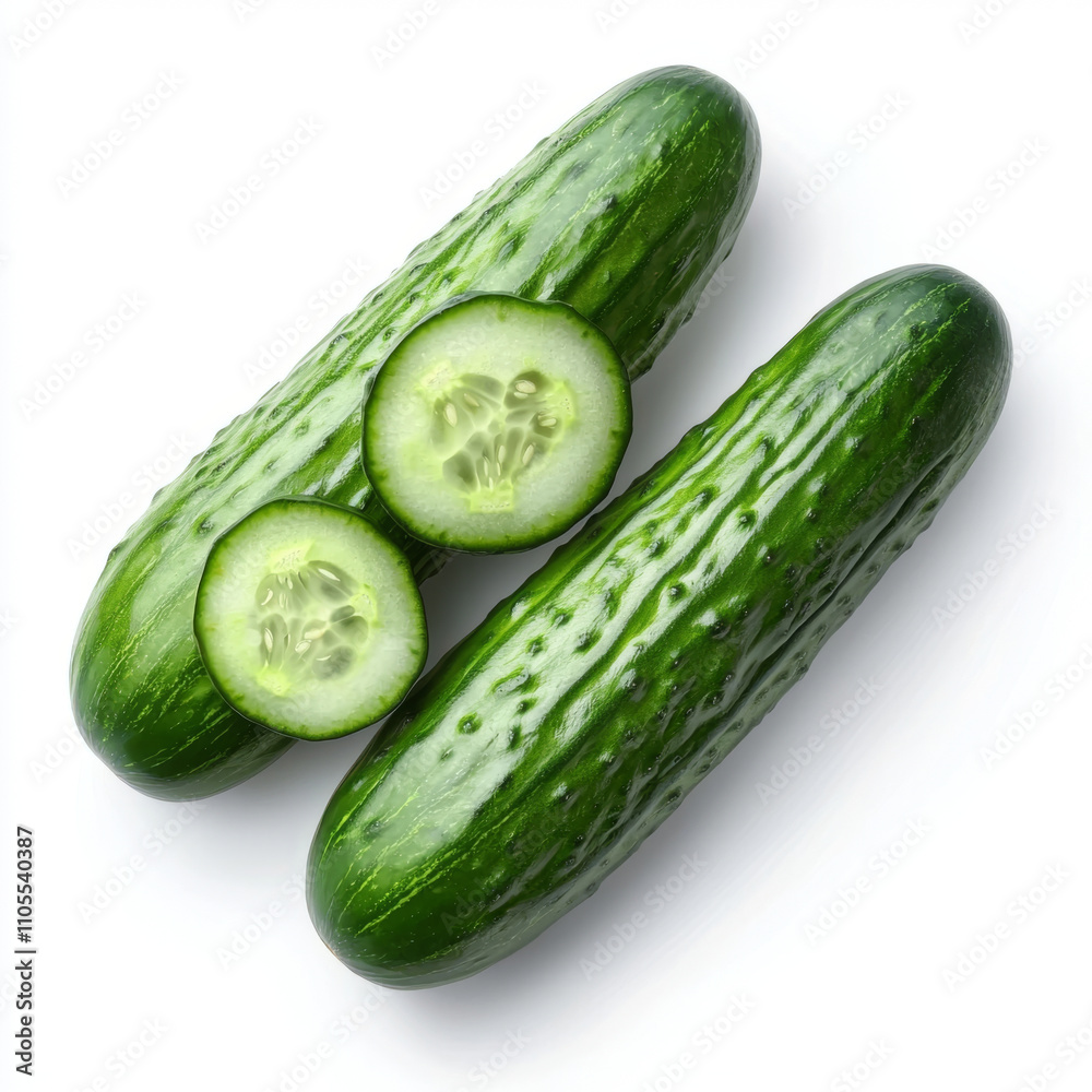 Two fresh cucumbers with vibrant green color are displayed on white background, one of which is sliced to reveal juicy interior