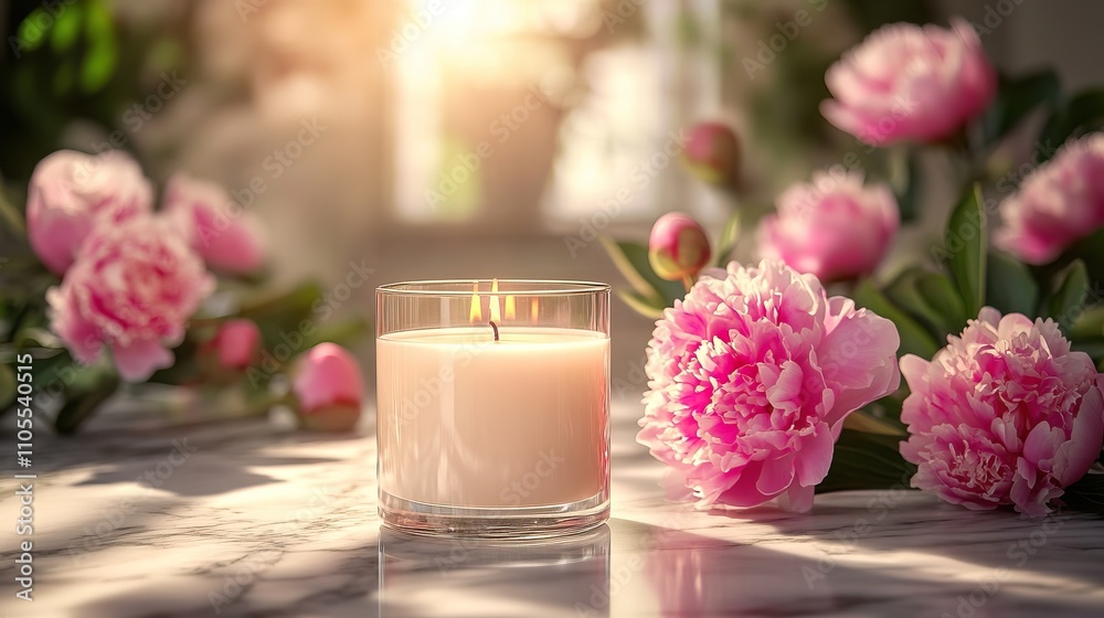 A serene setting featuring a lit candle surrounded by blooming pink peonies, creating a warm and inviting atmosphere. A serene setting featuring a lit candle surrounded by blooming pink peonies, creating a warm and inviting atmosphere.