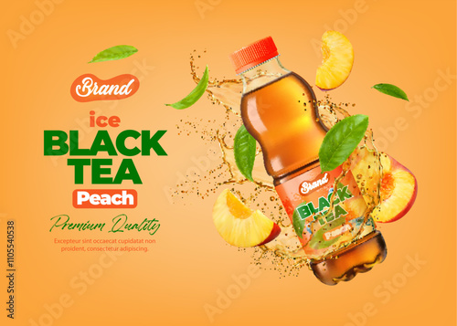 Realistic black peach tea bottle with drink splash and green tea leaves. Vector 3d plastic bottle package of sweet fruit juice beverage, swirl splash, drops and fresh peach slices, fruit drink ad