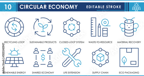 A set of line icons related to Circular Economy. Recycle, sustainable, closed-loop, waste to resource, renewable energy, and so on. Vector editable stroke.