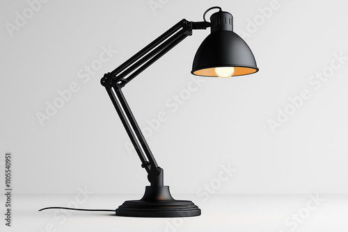 lampe de bureau noire mate avec un bras ajustable et une ampoule exposée, design industriel, fond blanc, décoration, objet 3D réaliste, HDR, photographie de studio, décoration, tendance photo