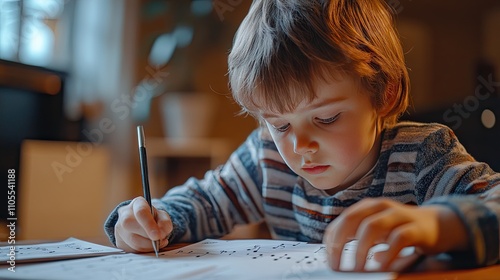 A young Caucasian boy focused on writing music notes at a desk, illuminated by warm indoor lighting. photo