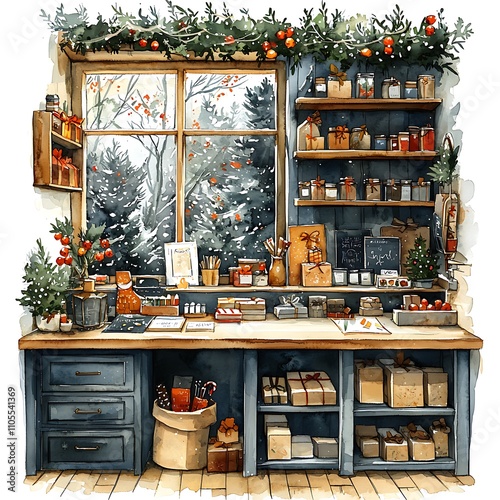 Watercolor illustration of a cozy Christmas shop with gifts, shelves, and a snowy winter window view.