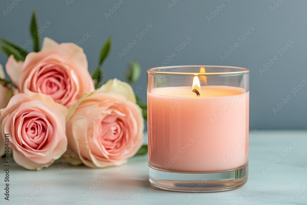 Fototapeta premium A serene arrangement featuring a lit pink candle beside soft pink roses against a calming blue background, creating a tranquil atmosphere.