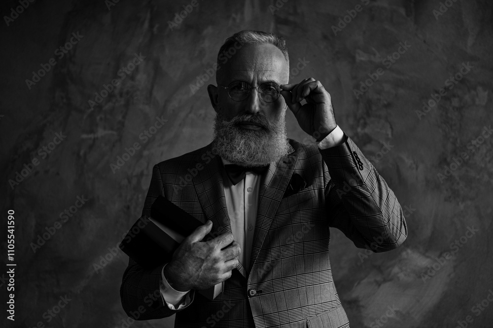 Attractive, serious millionaire in jacket, holding three books, eyelet of glasses with fingers, with serious expression looking at camera over gray background Attractive, serious millionaire in jacket, holding three books, eyelet of glasses with fingers, with serious expression looking at camera over gray background