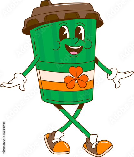 Groovy retro cartoon Saint Patrick day coffee character for Irish holiday, vector funny comic. 70s hippie or groovy cartoon coffee cup with shamrock clover, happy smiling character for St Patrick Day