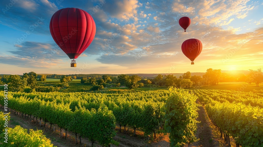 Fototapeta premium Red Hot Air Balloons Soar Over Vineyard at Sunrise