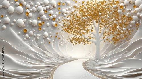 White, gold 3D tree design. Abstract tree with gold leaves. White circles, waves. Elegant, modern style. Decorative background. High quality image. Suitable for wallpaper mural wall art. Unique