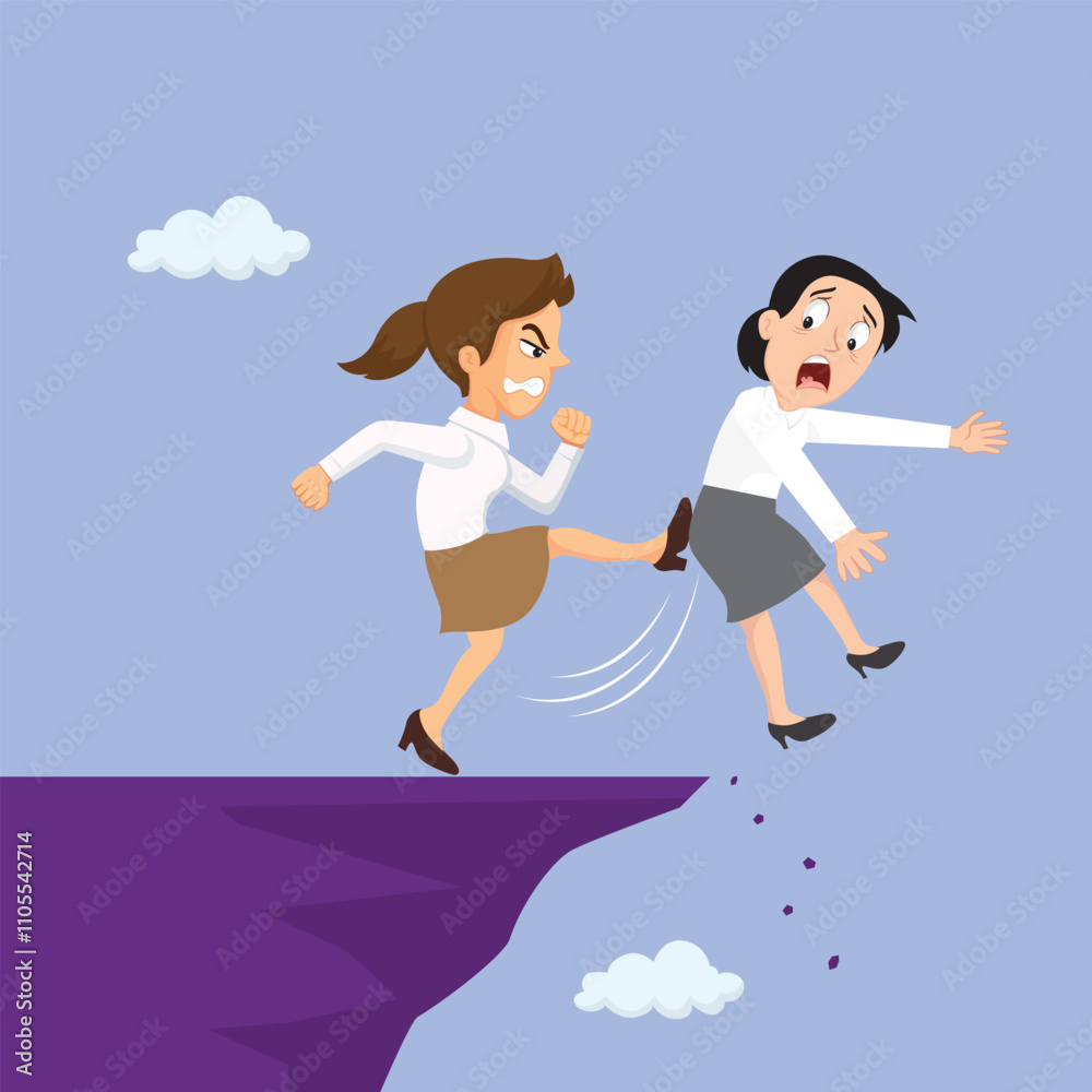 Cartoon Kicked Partner Off Cliff Vector Illustration. Cartoon Kicked Partner Off Cliff Vector Illustration.
