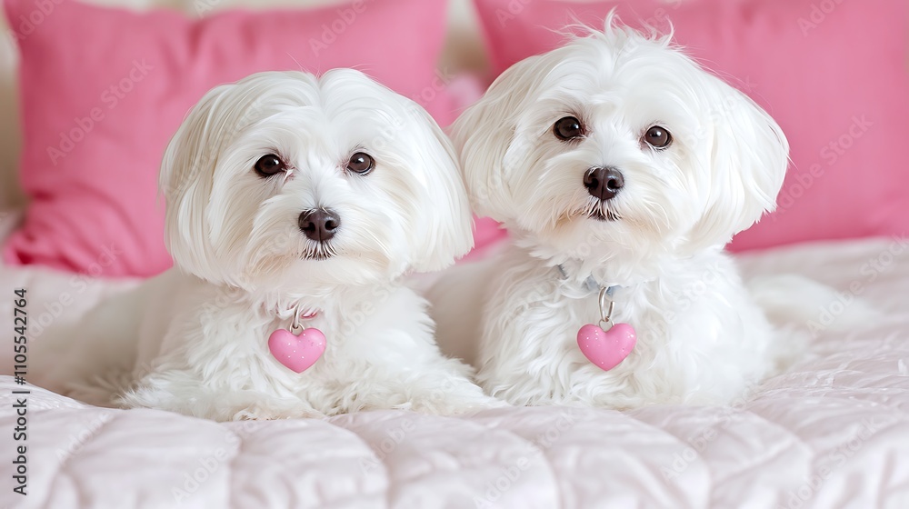 Two adorable white Maltese dogs with pink heart tags on a soft bed, surrounded by pink pillows, creating a cozy and charming atmosphere. Two adorable white Maltese dogs with pink heart tags on a soft bed, surrounded by pink pillows, creating a cozy and charming atmosphere.