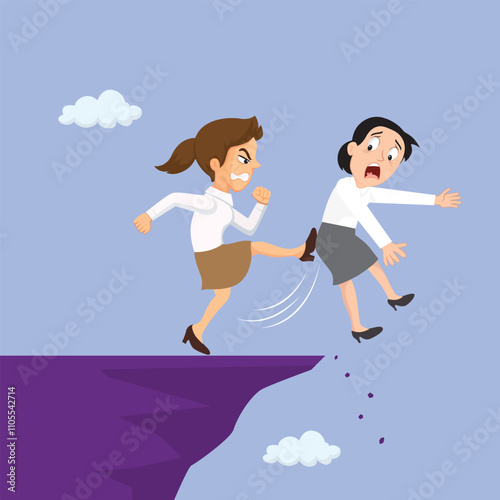 Cartoon Kicked Partner Off Cliff Vector Illustration.