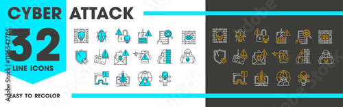 Cyber attack icons of computer hacker, digital crime and web internet fraud, vector line symbols. Cyber attack and data phishing icons of virus, security threat bug and e-mail spam or hacker malware
