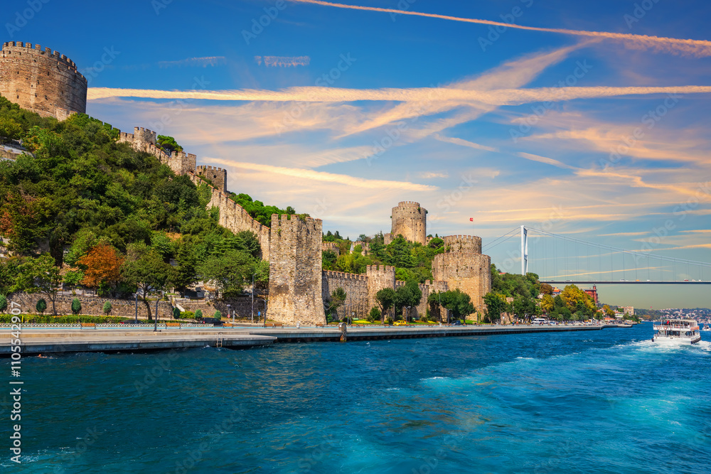 Roumeli Hissar Castle near Fatih Sultan Mehmet Bridge on the Bosphorus Straight, Istanbul, Turkey