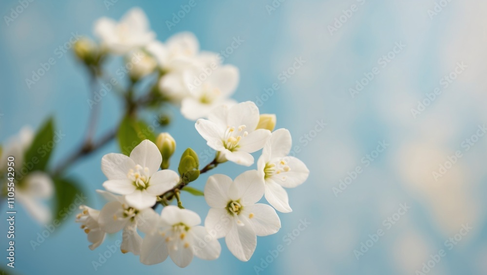 Delicate white jasmine flowers blooming in a soft blue background during spring. Delicate white jasmine flowers blooming in a soft blue background during spring.