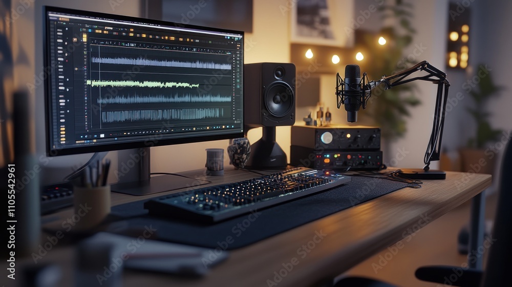 Naklejka premium Home music studio setup with computer, microphone, speakers, and keyboard.