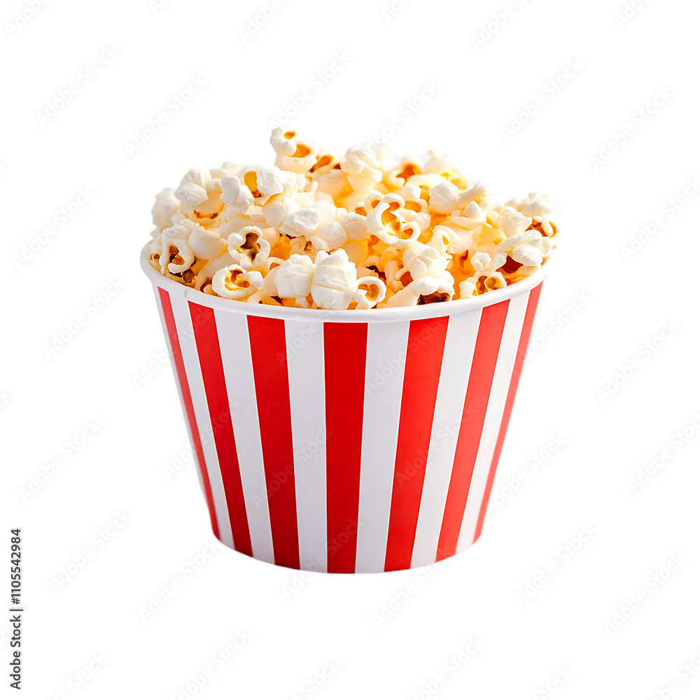 Tasty popcorn in a red white striped box isolated on a transparent background Tasty popcorn in a red white striped box isolated on a transparent background
