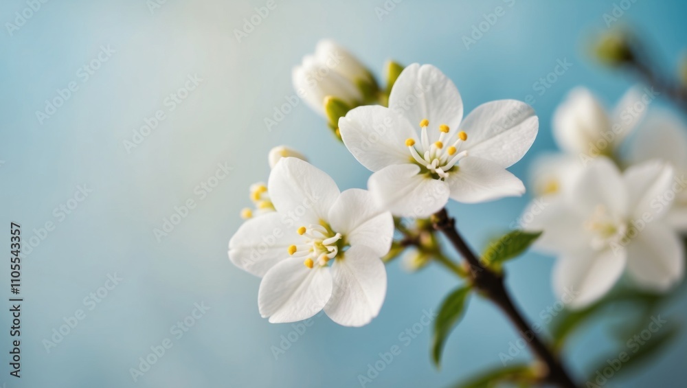 Delicate white jasmine flowers blooming in a soft blue background during spring. Delicate white jasmine flowers blooming in a soft blue background during spring.