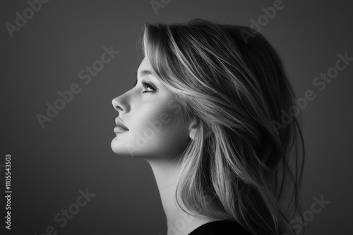 Profile of young adult caucasian female in black and white portrait.