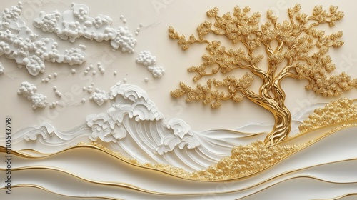 Fototapeta Naklejka Na Ścianę i Meble -  3D mural wallpaper shows white, gold waves, gold tree. Design embossed creating relief effect. Abstract art decorates wall background. Modern design for home decor. High quality image. Perfect for